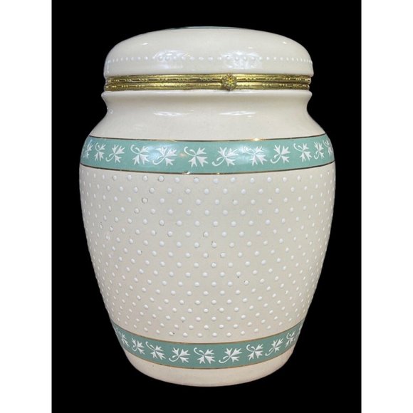 Knott's Berry Farm Ceramic Canister Hinged Lid Cookie Jar Beige Teal Gold Trim - Picture 1 of 11